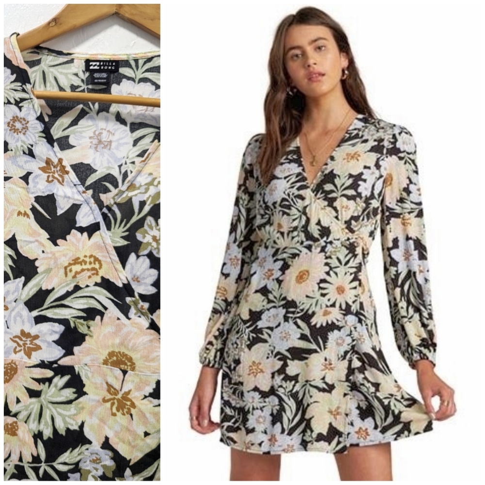NWT New billabong lotta love wrap dress floral flowers black long sleeve XS